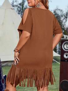 Plus Cold Shoulder Fringe Hem Dress Without Belt - Brown - View 2