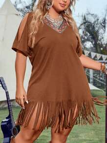Plus Cold Shoulder Fringe Hem Dress Without Belt - Brown - View 5