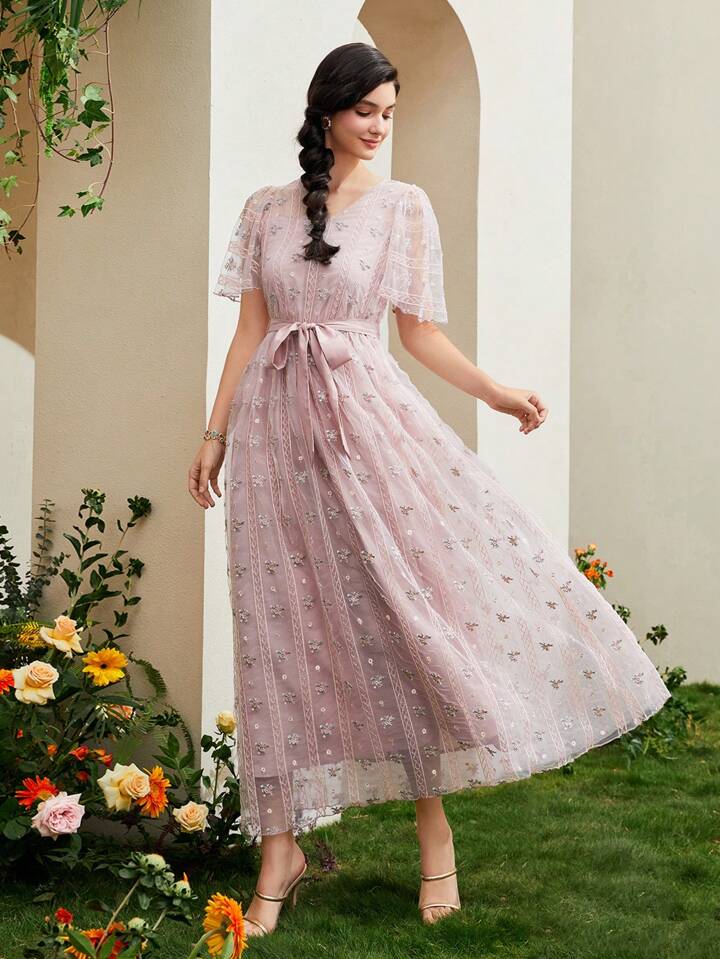 SHEIN Modely 花柄刺繡 メッシュオーバーレイ ベルトドレス
