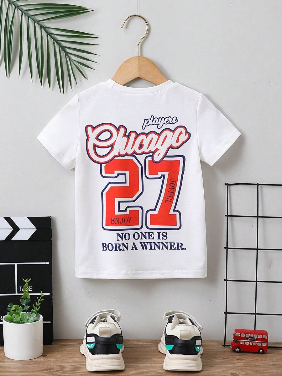 SHEIN Áo thun thể thao tối giản in chữ cho bé trai màu trắng có cổ tròn và tay áo thông thường cho mùa hè - trắng - Xem 1