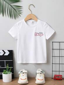 SHEIN Áo thun thể thao tối giản in chữ cho bé trai màu trắng có cổ tròn và tay áo thông thường cho mùa hè - trắng - Xem 2