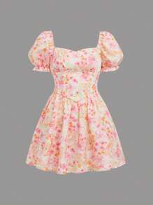 SHEIN Girlism Teen Girls Allover Floral Print Puff Sleeve Dress Holiday Outfits - Multicolor - View 1