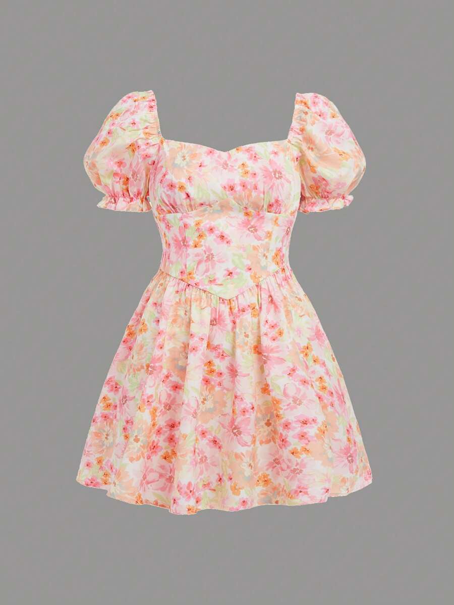 SHEIN Girlism Teen Girls Allover Floral Print Puff Sleeve Dress Holiday Outfits - Multicolor - View 1