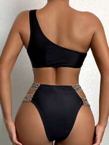 SHEIN Swim Bañador bikini vinculado con aro con abertura de un hombro - Negro - Ver 2