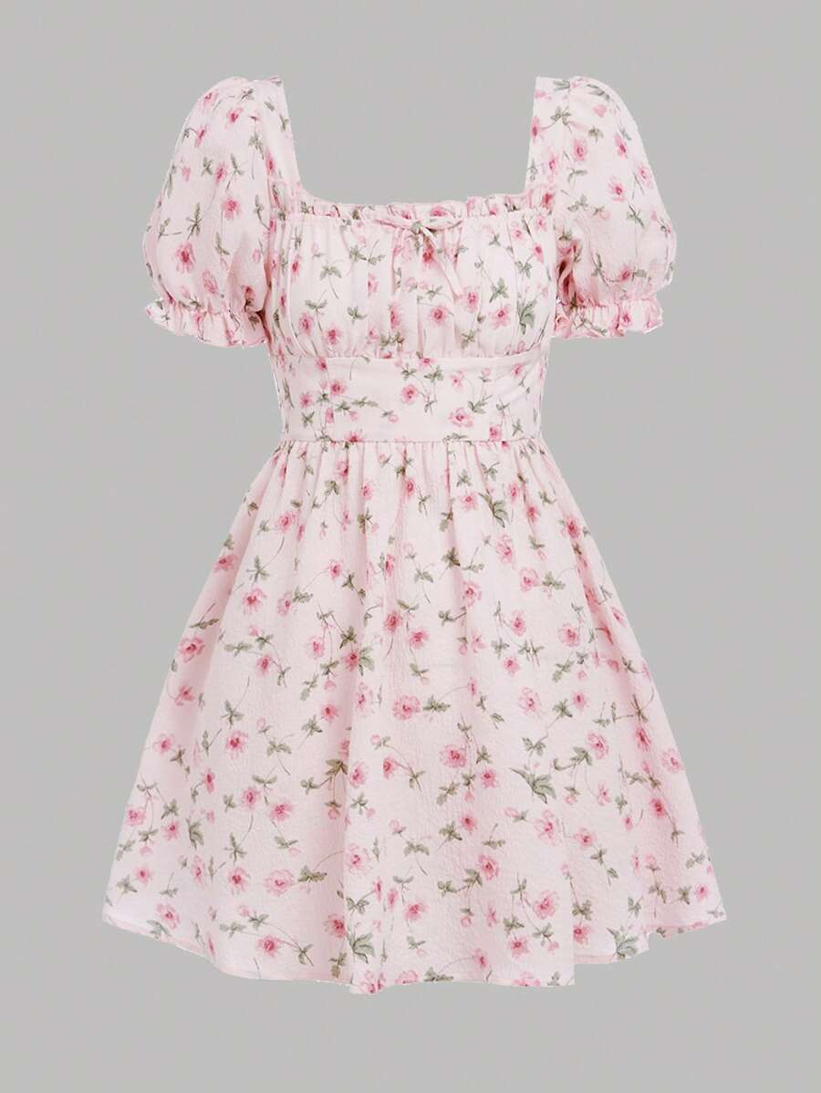 SHEIN Teen Girls Floral Print Puff Sleeve Knot Front Ruched Bust Dress - Multicolor - View 1