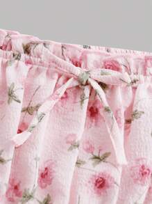 SHEIN Teen Girls Floral Print Puff Sleeve Knot Front Ruched Bust Dress - Multicolor - View 3