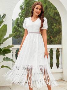 Puff Sleeve Fringe Hem Lace Dress - White - View 1