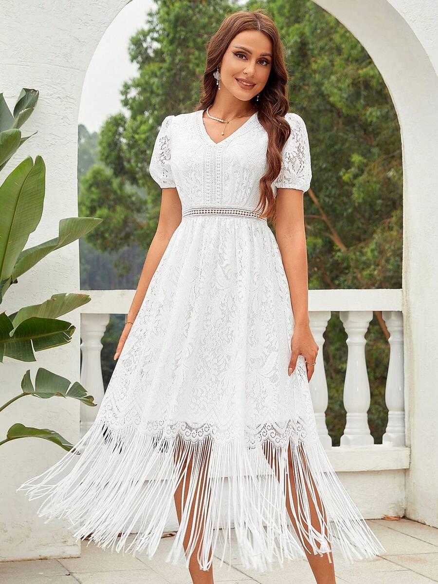 Puff Sleeve Fringe Hem Lace Dress - White - View 1