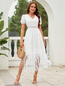 Puff Sleeve Fringe Hem Lace Dress - White - View 4