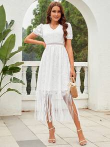 Puff Sleeve Fringe Hem Lace Dress - White - View 5