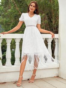 Puff Sleeve Fringe Hem Lace Dress - White - View 6