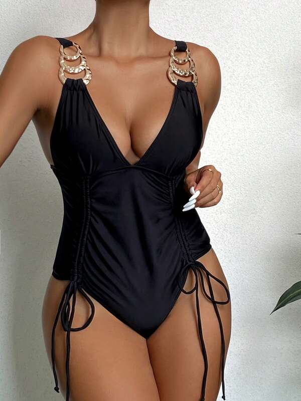 Chain Linked Drawstring Side One Piece Swimsuit SHEIN USA