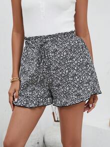 SHEIN VCAY Ditsy Floral Print Paperbag Waist Tie Front Ruffle Hem Shorts - Black and White - View 5