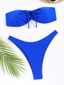 SHEIN Swim Bộ Bikini Nữ Dây kéo màu trơn Giải trí - Xanh đậm - Xem 1