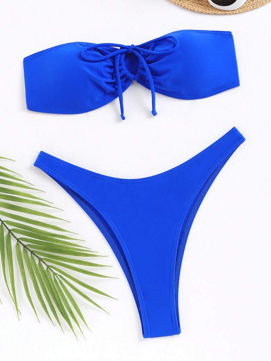 SHEIN Swim Bộ Bikini Nữ Dây kéo màu trơn Giải trí - Xanh đậm - Xem 1