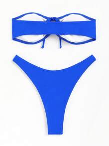 SHEIN Swim Bộ Bikini Nữ Dây kéo màu trơn Giải trí - Xanh đậm - Xem 2