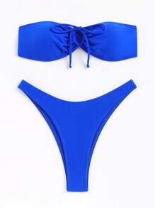 SHEIN Swim Bộ Bikini Nữ Dây kéo màu trơn Giải trí - Xanh đậm - Xem 5