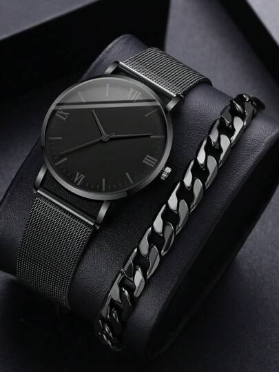 1 件黑色锌合金表带时尚圆形表盘石英表和 1 件链式手链，适合日常装饰，作为返校学生的礼物