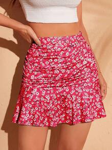 Soleia Ditsy Floral Print Ruched Ruffle Hem Skirt - Hot Pink - View 1