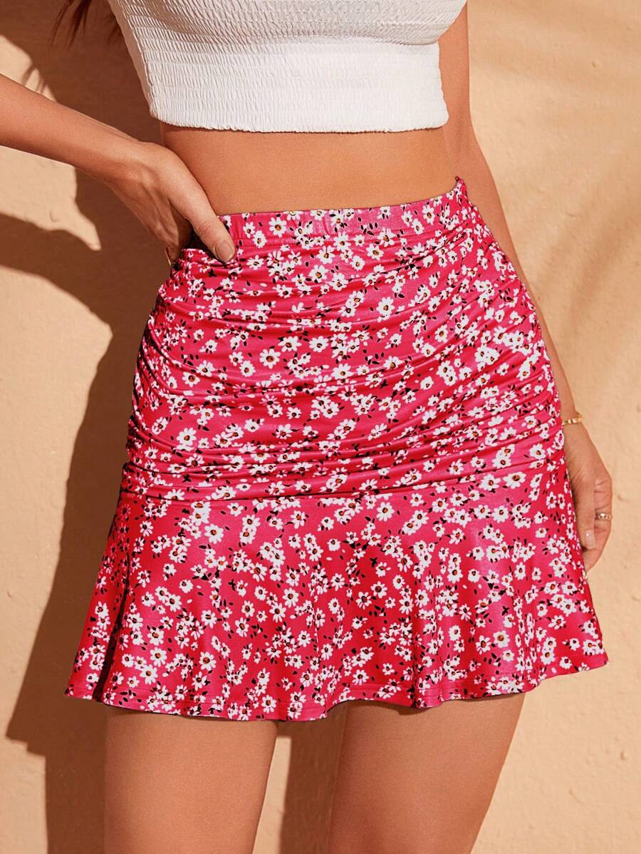 Soleia Ditsy Floral Print Ruched Ruffle Hem Skirt - Hot Pink - View 1