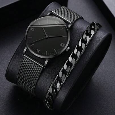 1 件黑色锌合金表带时尚圆形表盘石英表和 1 件链式手链，适合日常装饰，作为返校学生的礼物