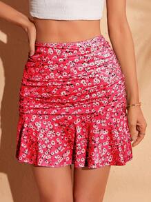Soleia Ditsy Floral Print Ruched Ruffle Hem Skirt - Hot Pink - View 5