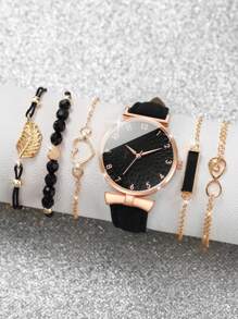 1 chiếc đồng hồ thạch anh mặt tròn thời trang bằng da PU màu đen và 5 chiếc vòng tay trang trí hình trái tim, dùng để trang trí hàng ngày làm quà tặng cho học sinh trở lại trường vào ngày lễ tình nhân - màu đen - Xem 3