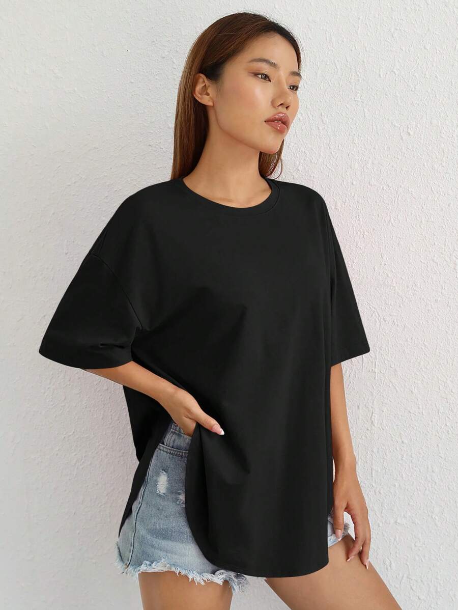 SHEIN EZwear 素色落肩袖下擺開叉T恤 - 黑色 - 查看 1