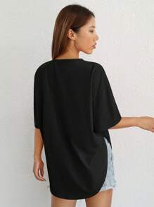 SHEIN EZwear 素色落肩袖下擺開叉T恤 - 黑色 - 查看 2