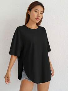 SHEIN EZwear 素色落肩袖下擺開叉T恤 - 黑色 - 查看 3
