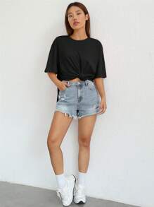 SHEIN EZwear 素色落肩袖下擺開叉T恤 - 黑色 - 查看 4