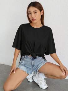 SHEIN EZwear 素色落肩袖下擺開叉T恤 - 黑色 - 查看 6