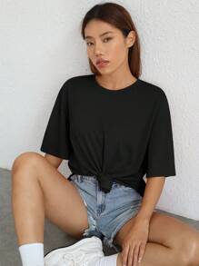 SHEIN EZwear 素色落肩袖下擺開叉T恤 - 黑色 - 查看 9