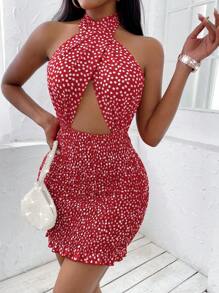 Allurite 性感露背 交叉 打褶花卉印花女士連衣裙 - 紅色 - 查看 3