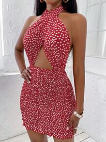 Allurite 性感露背 交叉 打褶花卉印花女士連衣裙 - 紅色 - 查看 6