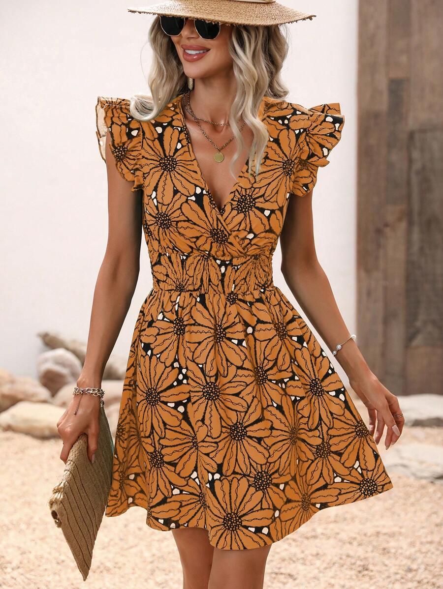 SHEIN LUNE 滿版印花荷葉邊洋裝 - 橘色 - 查看 1