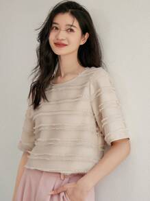 DAZY Áo thun nữ màu trơn Giải trí - Màu be - Xem 2