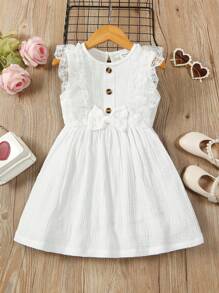 Niñas Vestido con encaje en contraste ribete con fruncido con lazo delantero - Blanco - Ver 1