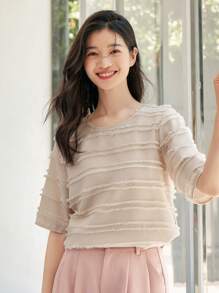 DAZY Áo thun nữ màu trơn Giải trí - Màu be - Xem 4
