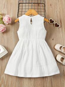 Niñas Vestido con encaje en contraste ribete con fruncido con lazo delantero - Blanco - Ver 2