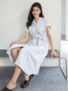 DAZY 條紋印花蝙蝠袖腰帶襯衫連衣裙