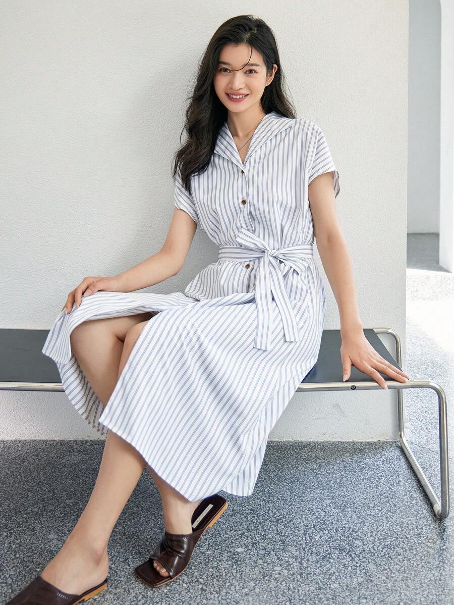 DAZY 條紋印花蝙蝠袖腰帶襯衫連衣裙