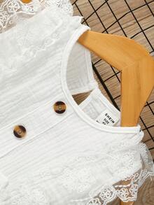 Niñas Vestido con encaje en contraste ribete con fruncido con lazo delantero - Blanco - Ver 5