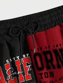 ROMWE MEN Prep 男士字母图案双色抽绳腰短裤，学校 - 彩色 - 查看 3