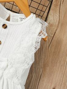 Niñas Vestido con encaje en contraste ribete con fruncido con lazo delantero - Blanco - Ver 6