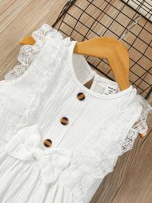 Niñas Vestido con encaje en contraste ribete con fruncido con lazo delantero - Blanco - Ver 7