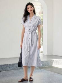 DAZY 條紋印花蝙蝠袖腰帶襯衫連衣裙