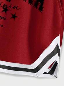 ROMWE MEN Prep 男士字母图案双色抽绳腰短裤，学校 - 彩色 - 查看 5