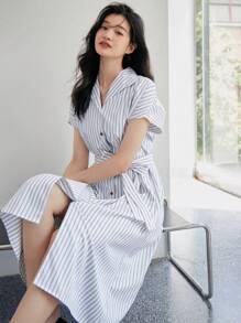 DAZY 條紋印花蝙蝠袖腰帶襯衫連衣裙