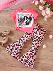 SHEIN Bộ 2 Áo thun ngắn tay họa tiết khẩu hiệu thường ngày cho bé gái và quần ống loe họa tiết da báo trang phục mùa hè - Nhiều màu - Xem 1